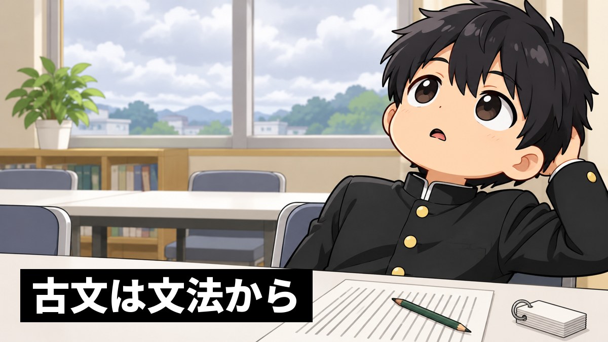 自習室の白い長机で、安房高校の詰襟の制服の高3男子が、古文の文章を前に主語が分からず途方にくれて天井を見上げている挿絵。「古文は文法から」の文字。