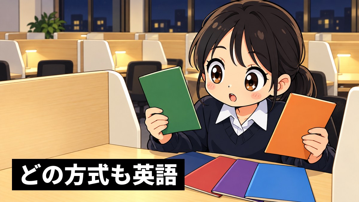 東進館山校の受講ブースで、安房高校の制服の高2女子が、6冊の大学のパンフレットを机に扇のように広げ、目を輝かせて見比べている挿絵。「どの方式も英語」の文字。