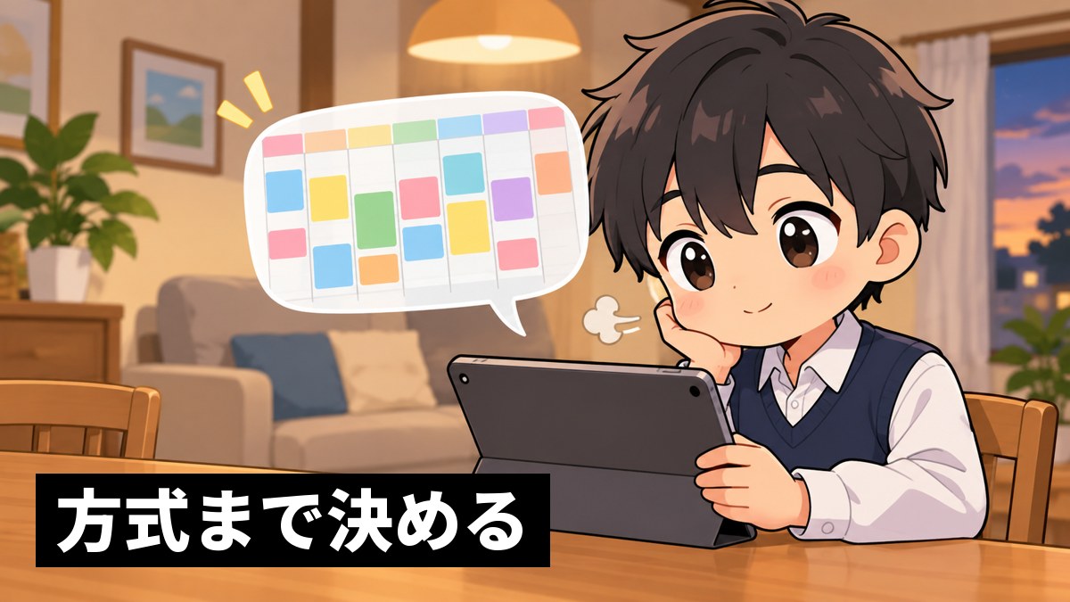 日曜の夜、家のリビングのテーブルで、安房高校の制服の高2男子が、iPadの合格設計図に講座を登録し終えてほっとしている挿絵。画面は本人の方を向いている。「方式まで決める」の文字。