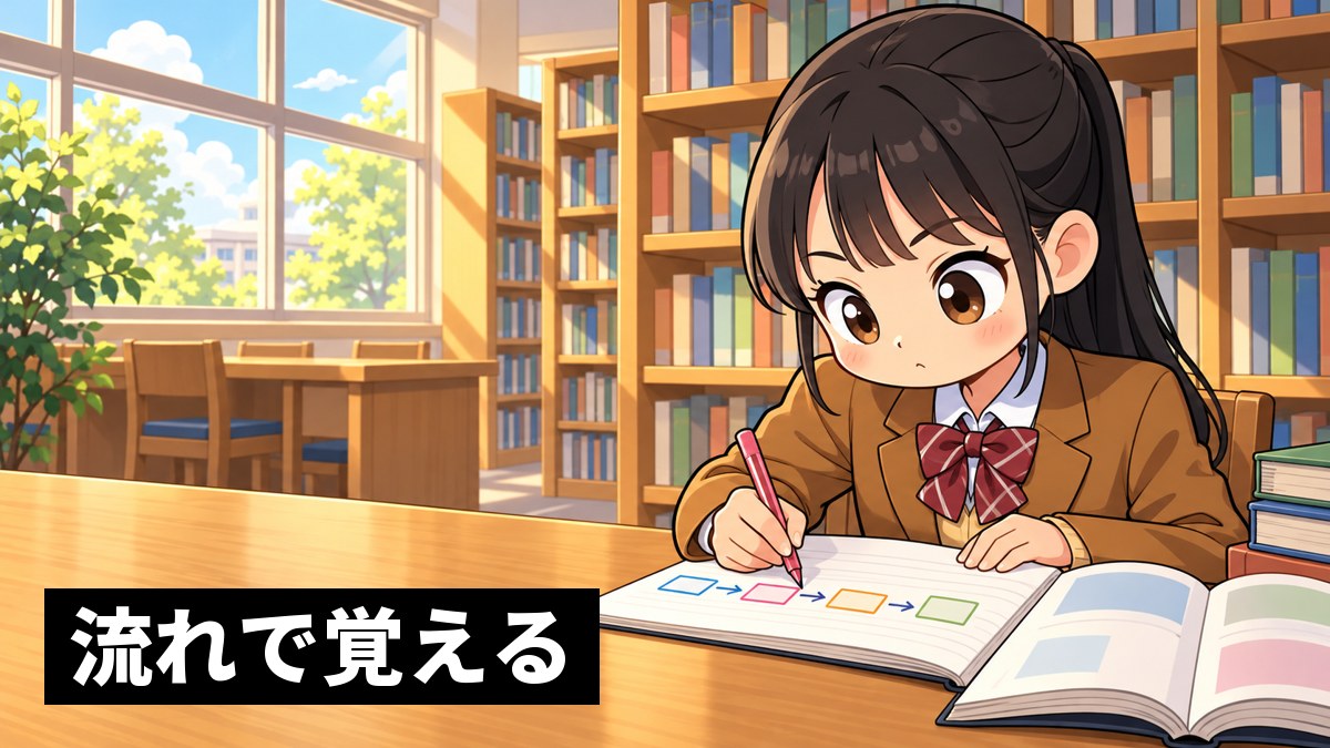 学校の図書室で、志学館高校の制服の高3女子が、日本史の年表ノートと教科書を広げ、流れを線でつなぐのに夢中になっている挿絵。「流れで覚える」の文字。