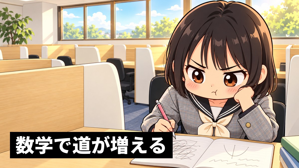 東進館山校の受講ブースで、翔凜高校の制服の高2女子が、数学のノートの式が合わずに頬をふくらませてむっとしている挿絵。「数学で道が増える」の文字。