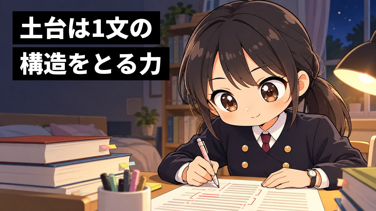 夜、自分の部屋の机で、安房高校の制服の高2女子が、長い英文のプリントにかっこと矢印を書き込み、文の構造が見えてきて目を輝かせている挿絵。文字「土台は1文の構造をとる力」