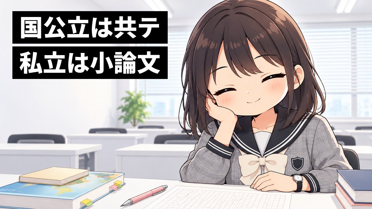 東進館山校の白い長机で、翔凜高校の制服の高3女子が、原稿用紙に小論文を書き上げて鉛筆を置き、ほっとした顔をしている挿絵。机の端には古文の単語帳と地図帳。文字「国公立は共テ私立は小論文」