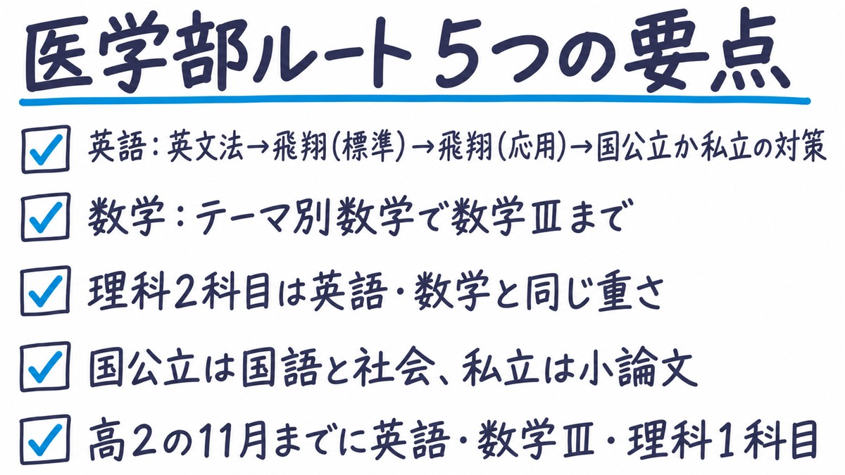 医学部ルートの要点の手描き図解。「英語:英文法→飛翔(標準)→飛翔(応用)→国公立か私立の対策」「数学:テーマ別数学で数学Ⅲまで」「理科2科目は英語・数学と同じ重さ」「国公立は国語と社会、私立は小論文」「高2の11月までに英語・数学Ⅲ・理科1科目」の5項目。見出しは「医学部ルート 5つの要点」。