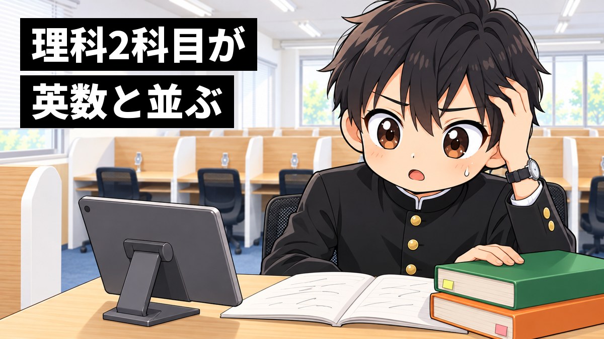 東進館山校の受講ブースで、安房高校の学生服の高2男子が、机に積んだ理科の参考書2冊と数学のノートを見比べ、量の多さに息をのんでいる挿絵。文字「理科2科目が英数と並ぶ」