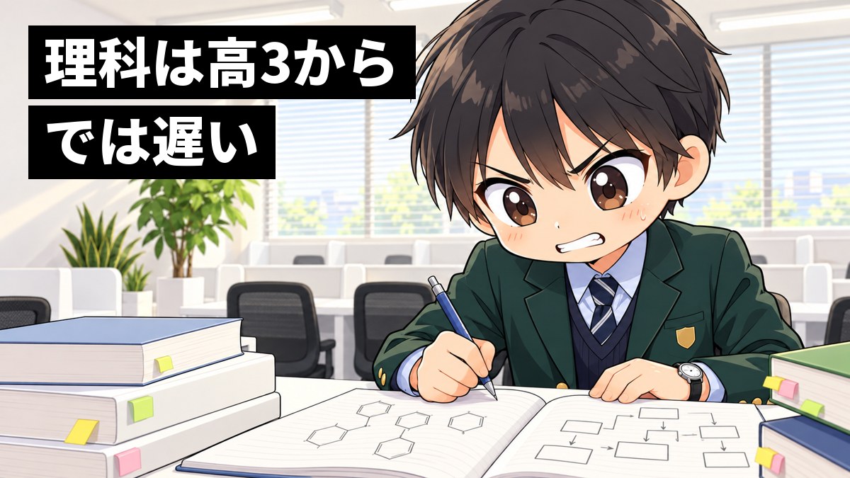 東進館山校の白い長机で、志学館高校のブレザーの高2男子が、化学の構造式と物理の図を描いたノートを左右に広げ、難しい問題に歯を食いしばって食らいついている挿絵。文字「理科は高3からでは遅い」