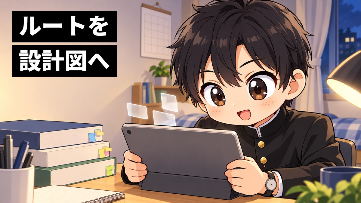 日曜の夜、自分の部屋の机で、安房高校の学生服の高1男子が、タブレットの合格設計図に講座を一つずつ登録し、予定が埋まっていくのにワクワクして身を乗り出している挿絵。画面は本人の方を向いている。文字「ルートを設計図へ」