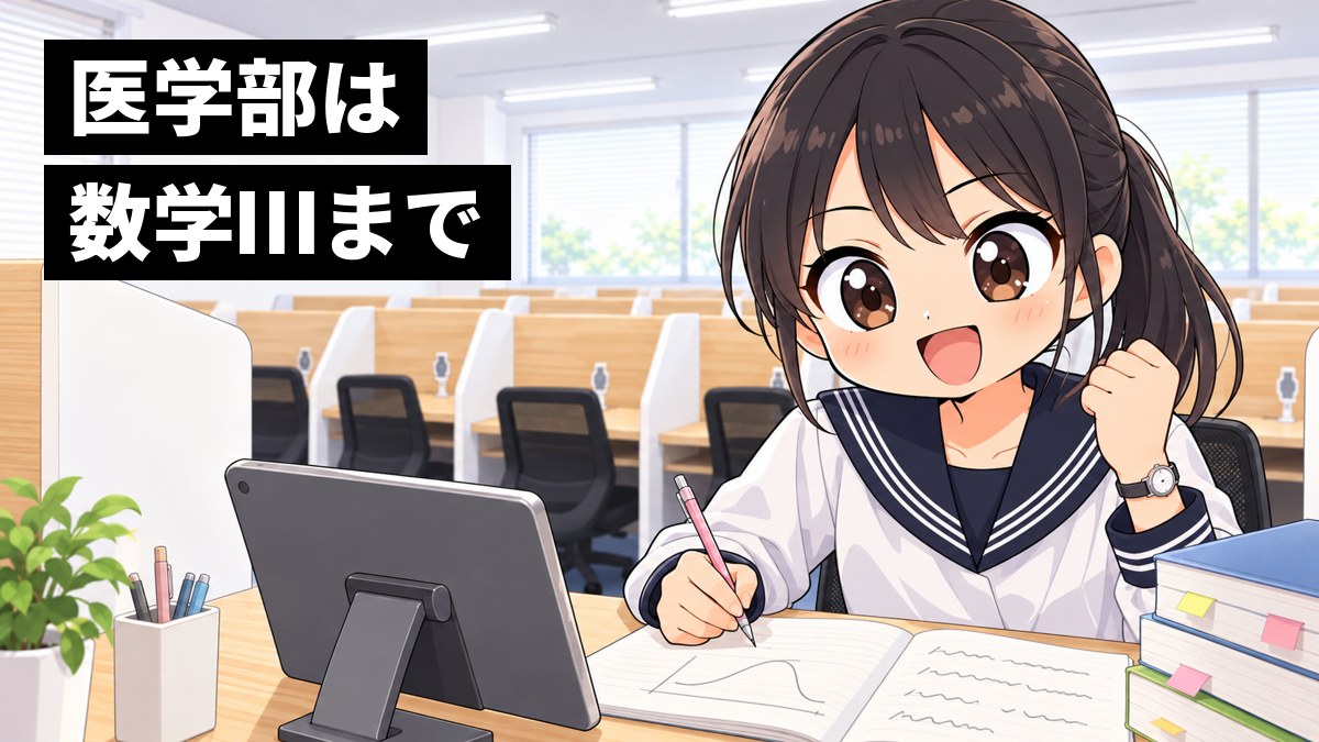 東進館山校の受講ブースで、木更津高校のセーラー服の高2女子が、ノートにグラフと式を書きながら解き方が見えて、小さくガッツポーズしている挿絵。文字「医学部は数学Ⅲまで」