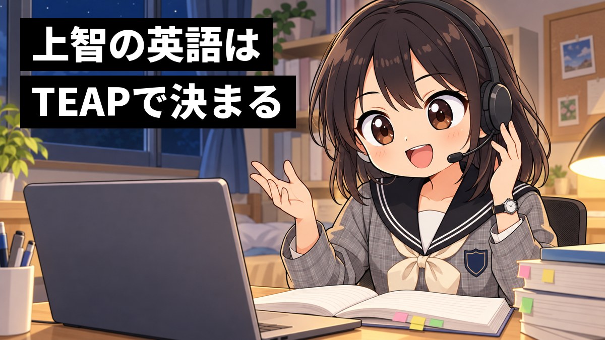 夜、自分の部屋の机で、翔凜高校の制服の高2女子が、ヘッドホンをつけてノートパソコンに向かい、英語で話す練習をしながら、言えたことにうれしそうに笑っている挿絵。画面は本人の方を向いている。文字「上智の英語はTEAPで決まる」