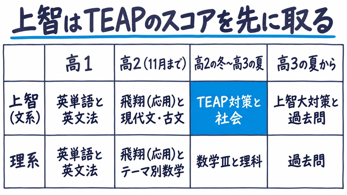 上智・理科大ルートの学年ごとの置き方の手描き図解。上の段が上智(文系)「英単語と英文法」「飛翔(応用)と現代文・古文」「TEAP対策と社会」「上智大対策と過去問」、下の段が理系「英単語と英文法」「飛翔(応用)とテーマ別数学」「数学Ⅲと理科」「過去問」。見出しは「上智はTEAPのスコアを先に取る」。