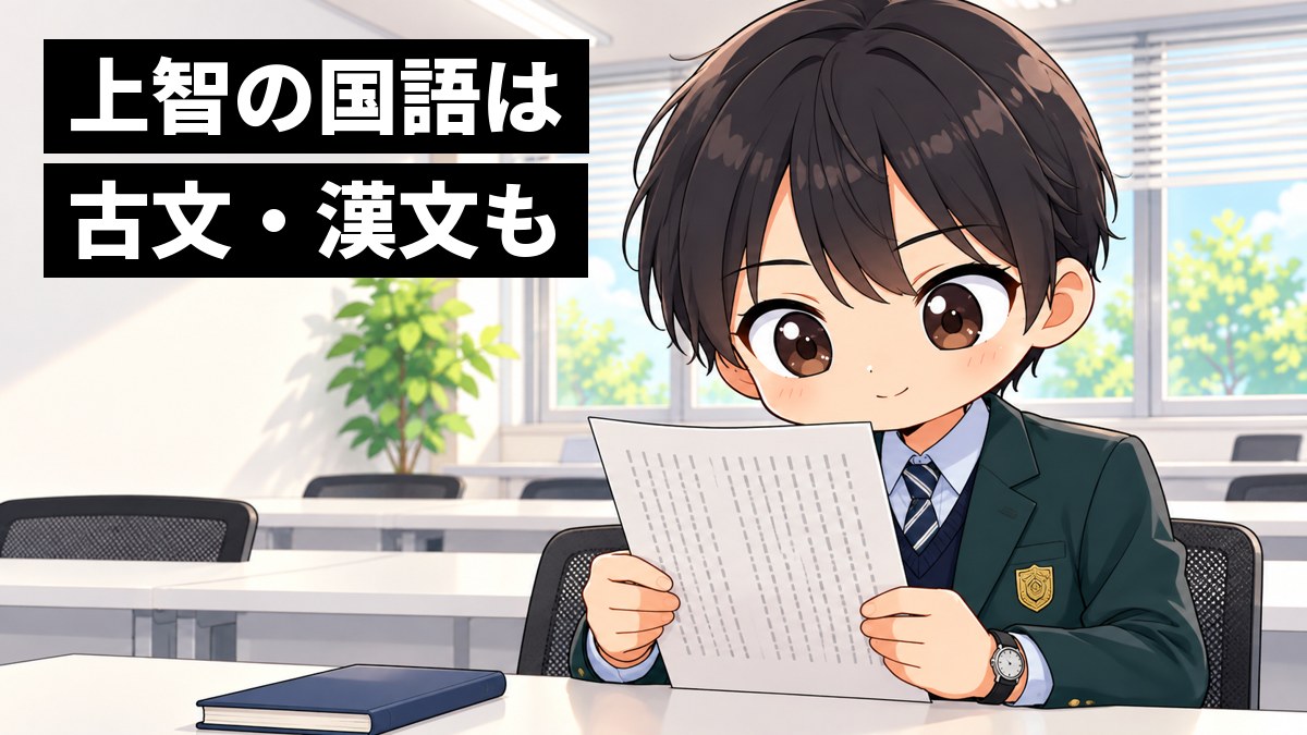 東進館山校の白い長机で、志学館高校の制服の高3男子が、縦書きの古文の文章に夢中になって読みふけっている挿絵。机の端には漢文の句法のノート。文字「上智の国語は古文・漢文も」