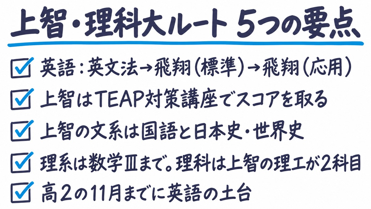 上智・理科大ルートの要点の手描き図解。「英語:英文法→飛翔(標準)→飛翔(応用)」「上智はTEAP対策講座でスコアを取る」「上智の文系は国語と日本史・世界史」「理系は数学Ⅲまで。理科は上智の理工が2科目」「高2の11月までに英語の土台」の5項目。見出しは「上智・理科大ルート 5つの要点」。