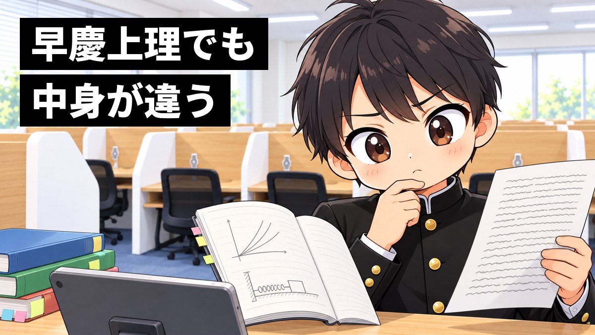 東進館山校の受講ブースで、安房高校の制服の高2男子が、左手に英語の長文のプリント、右手に数学と物理のノートを持って見比べ、眉を寄せて考え込んでいる挿絵。文字「早慶上理でも中身が違う」