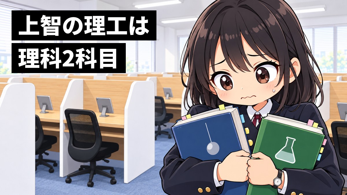 東進館山校の受講ブースで、安房高校の制服の高3女子が、物理と化学の分厚い問題集を2冊抱え、口をへの字にして途方にくれている挿絵。文字「上智の理工は理科2科目」