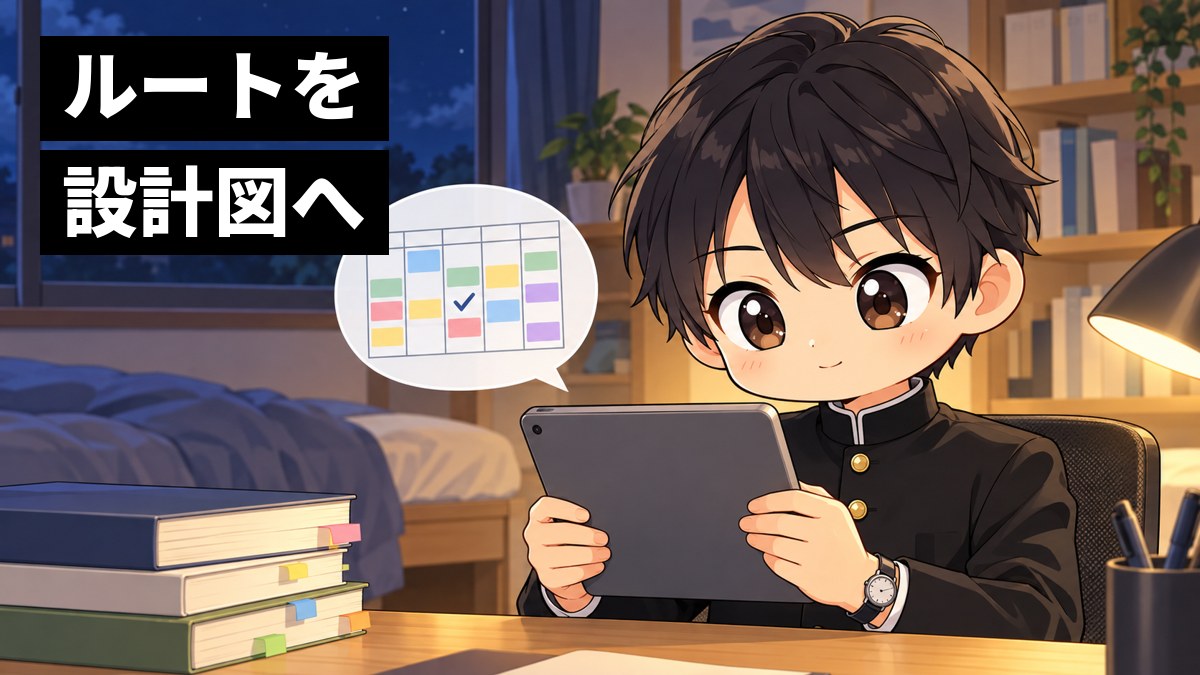 日曜の夜、自分の部屋の机で、安房高校の制服の高2男子が、iPadの合格設計図に講座を一つずつ登録し、来週の予定が埋まっていくのを見て満足げにうなずいている挿絵。画面は本人の方を向いている。文字「ルートを設計図へ」