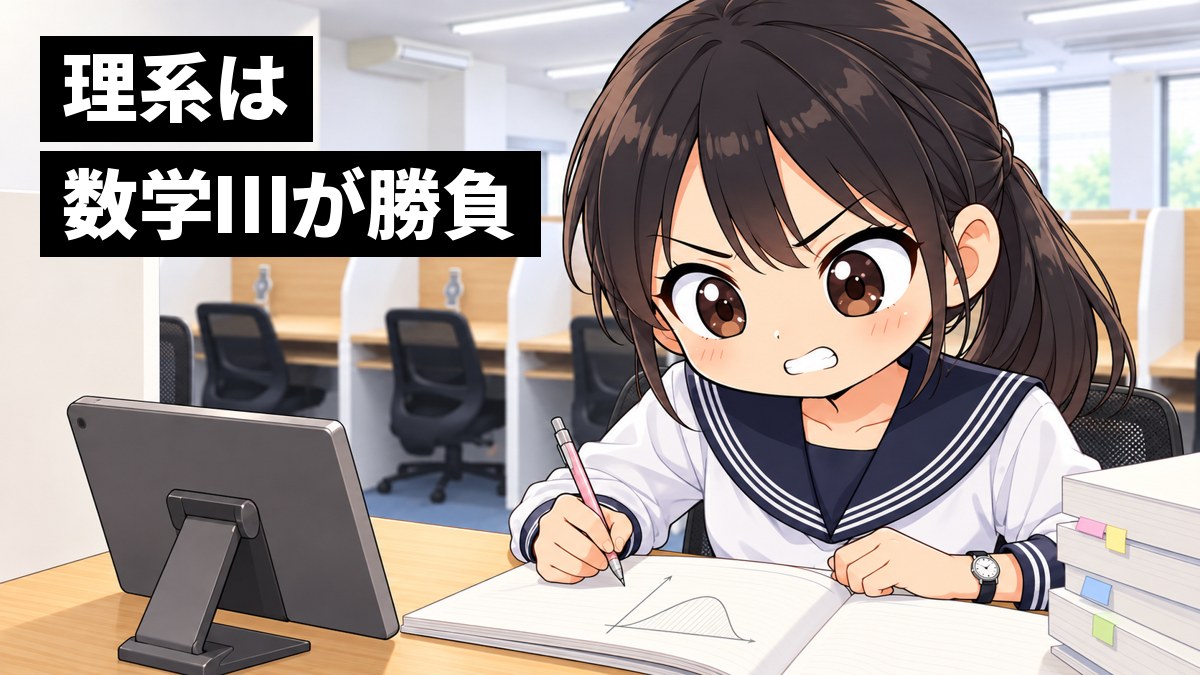 東進館山校の受講ブースで、木更津高校の制服の高2女子が、ノートに曲線のグラフを描きながら入試の数学の問題に食らいつき、解き方が見えて目を見開いている挿絵。文字「理系は数学Ⅲが勝負」