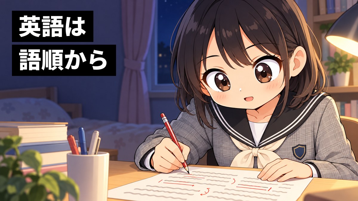 夜、自分の部屋の机で、翔凜高校の制服の高1女子が、英文のプリントに主語と動詞の印を書き込みながら、夢中になって目を輝かせている挿絵。文字「英語は語順から」