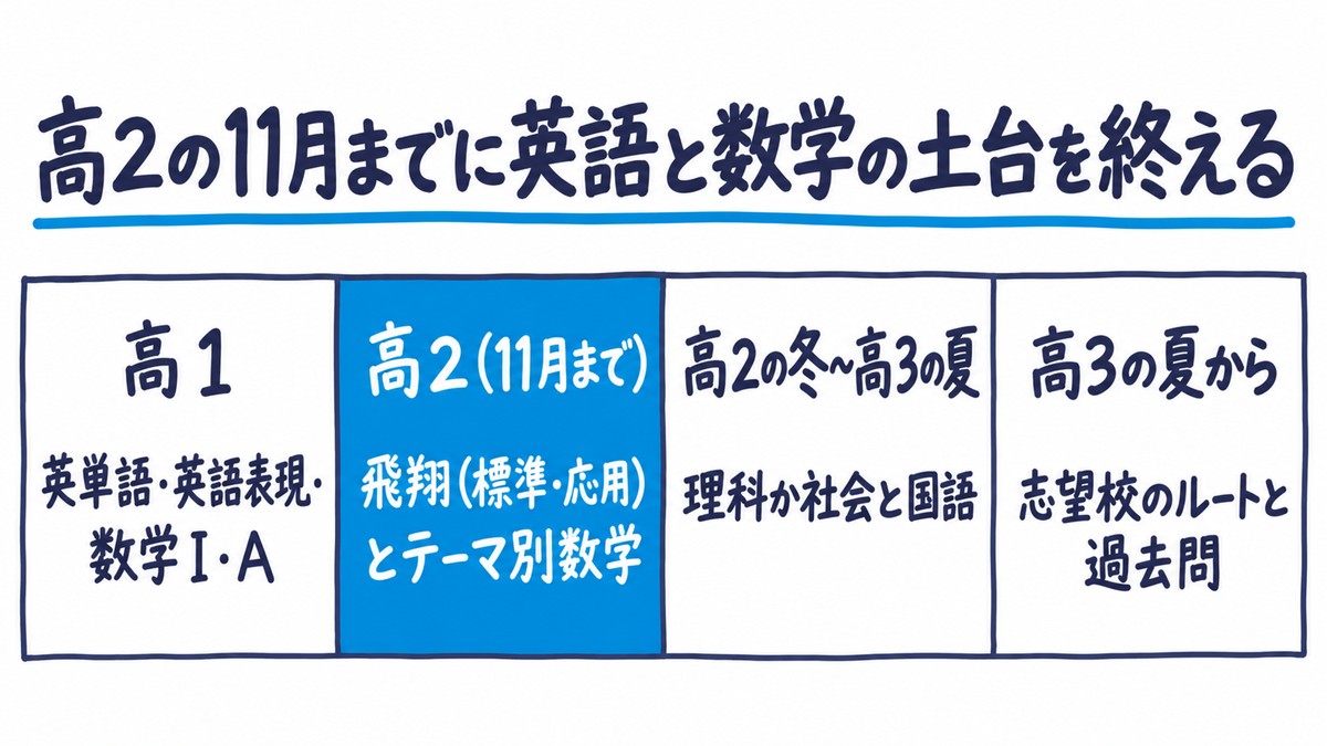志望校未定ルートの学年ごとの置き方の手描き図解。「高1 英単語・英語表現・数学Ⅰ・A」「高2(11月まで) 飛翔(標準・応用)とテーマ別数学」「高2の冬〜高3の夏 理科か社会と国語」「高3の夏から 志望校のルートと過去問」の4区間。見出しは「高2の11月までに英語と数学の土台を終える」。