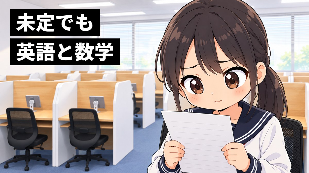 東進館山校の受講ブースで、木更津高校のセーラー服の高1女子が、白紙の進路希望の用紙を両手で持ったまま、眉を下げて途方にくれている挿絵。文字「未定でも英語と数学」