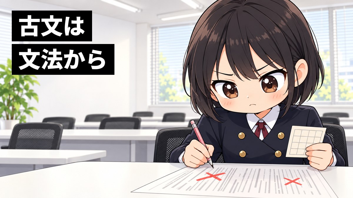 東進館山校の白い長机で、安房高校の制服の高2女子が、赤い×の付いた古文の問題を前に、悔しくて口をへの字に結び、文法の表を握りしめている挿絵。文字「古文は文法から」