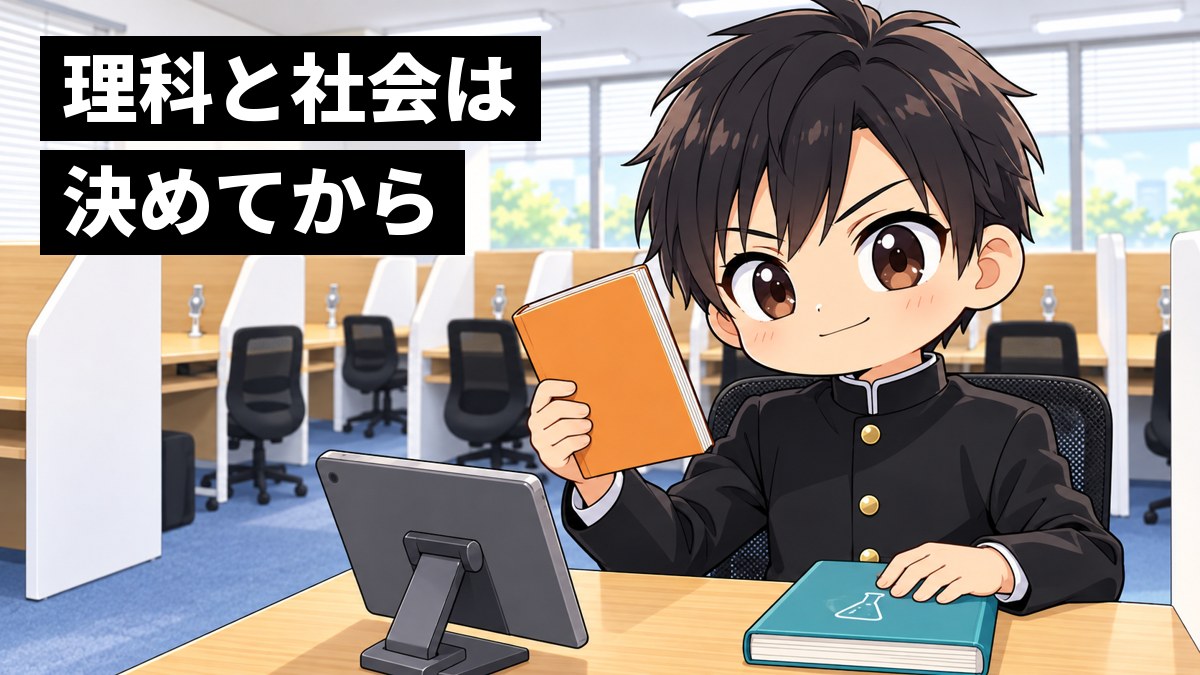 東進館山校の受講ブースで、安房高校の学ランの高2男子が、歴史の教科書と化学の教科書を見比べたあと、選んだ1冊を机に置き、決めた顔で口元を引き締めている挿絵。文字「理科と社会は決めてから」