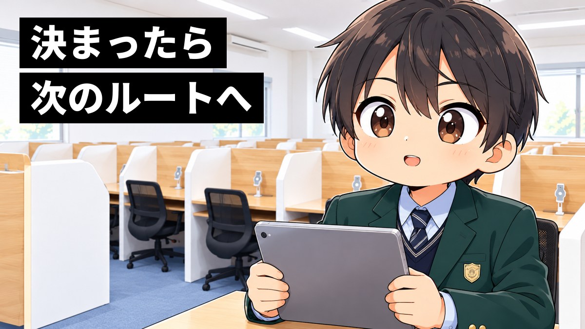 東進館山校の受講ブースで、志学館高校の制服の高2男子が、iPadの合格設計図に志望校を入れ終え、これからの道筋にわくわくして前を見ている挿絵。文字「決まったら次のルートへ」