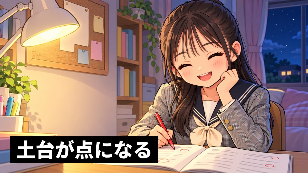 夜、自分の部屋の机で、翔凜高校の制服の高1女子が、英文法のテキストに赤ペンで丸をつけながら、分からなかった問題が解けてほっと笑っている挿絵。「土台が点になる」の文字。