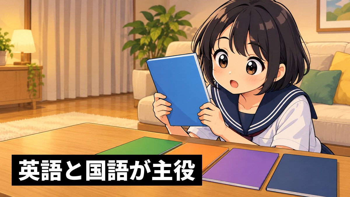 夜の自宅のリビングで、木更津高校のセーラー服の高2女子が、ローテーブルに4冊の大学のパンフレットを並べ、身を乗り出してワクワクしながら見比べている挿絵。「英語と国語が主役」の文字。