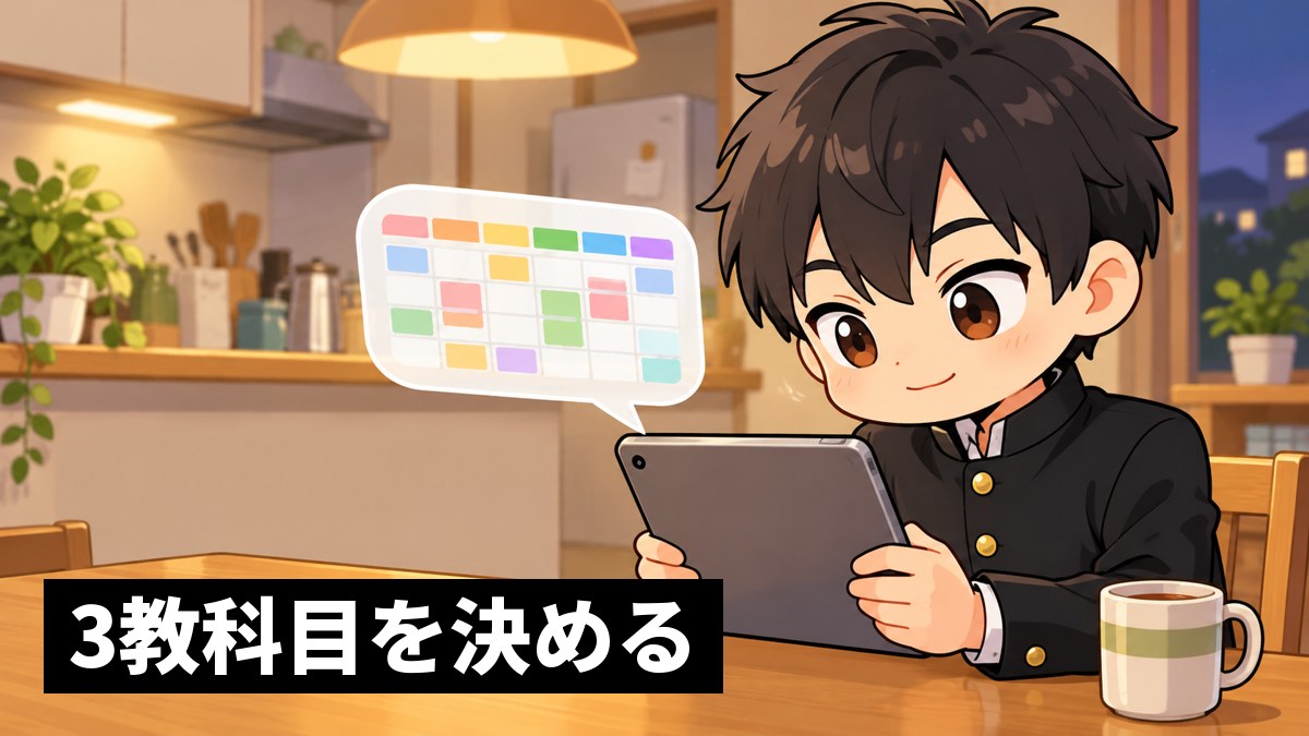日曜の夜、自宅のダイニングテーブルで、安房高校の詰襟の高2男子が、iPadの合格設計図に講座を一つずつ登録し、来週の予定が決まって満足そうにうなずいている挿絵。画面は本人の方を向いている。「3教科目を決める」の文字。