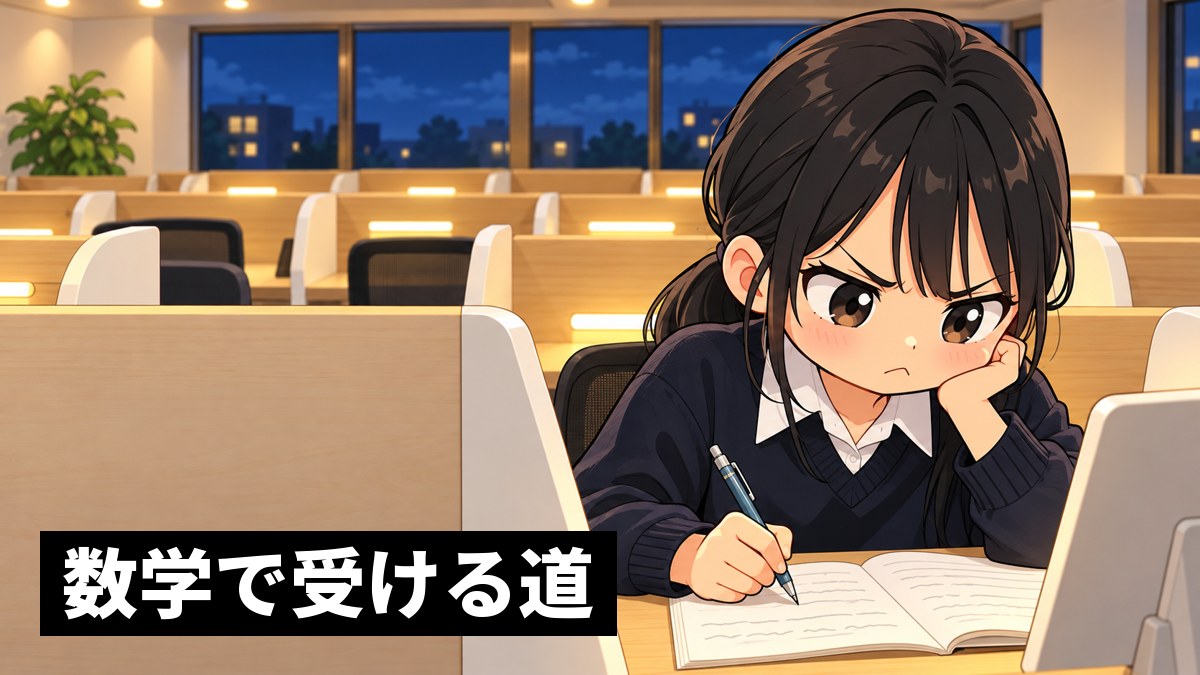 東進館山校の受講ブースで、安房高校の制服の高2女子が、数学のノートに解き方を書き進め、途中で式が合わずに口をとがらせてむっと考え込んでいる挿絵。「数学で受ける道」の文字。