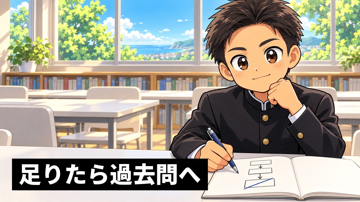 自習室の白い長机で、翔凜高校の制服の高2男子が、講座の順番を書いたノートの1行に線を引き、すっきりした顔でうなずいている挿絵。「足りたら過去問へ」の文字。