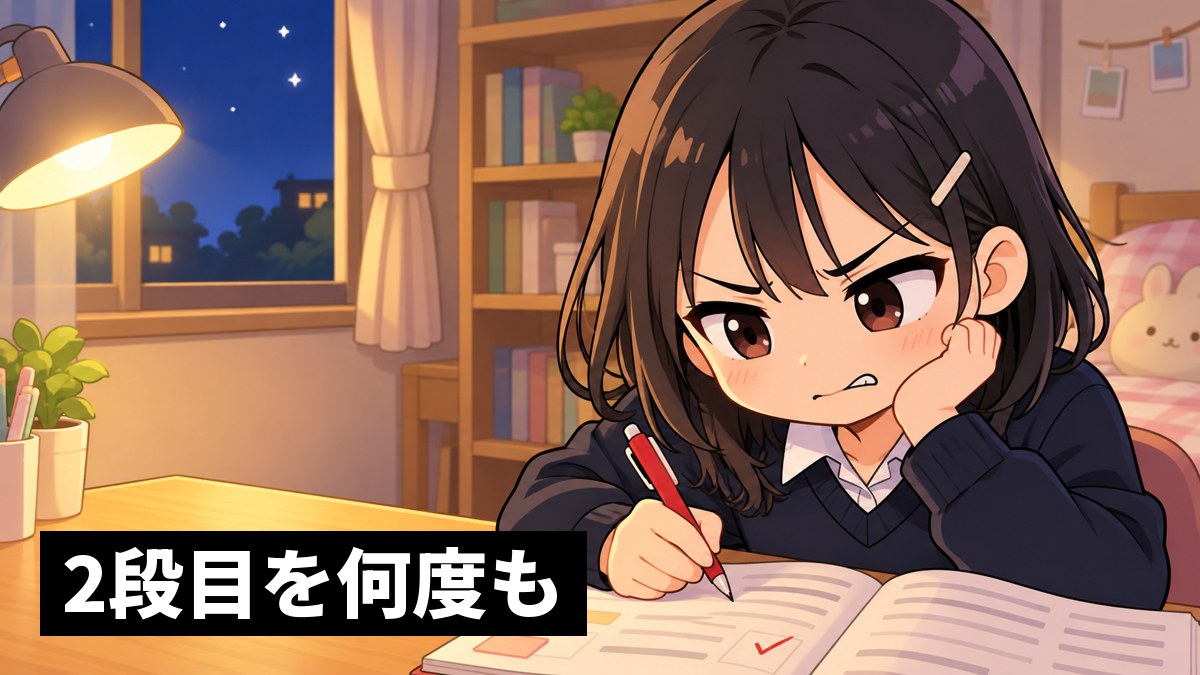 夜、自分の部屋の机で、安房高校の制服の高1女子が、英語の問題集で前にも間違えた問題をまた間違え、悔しそうに唇をかんでいる挿絵。「2段目を何度も」の文字。