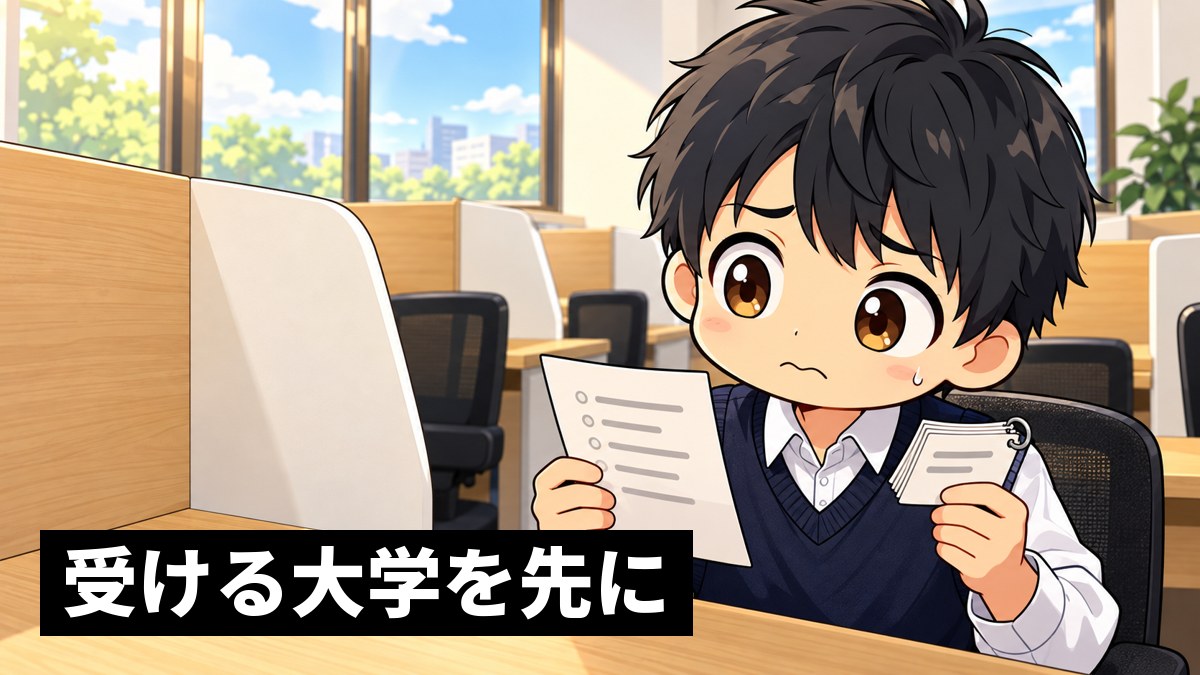 東進館山校の受講ブースで、安房高校の制服の高3男子が、受ける大学の一覧の紙と古文の単語帳を見比べ、どこまでやればいいか分からず困って首をかしげている挿絵。「受ける大学を先に」の文字。
