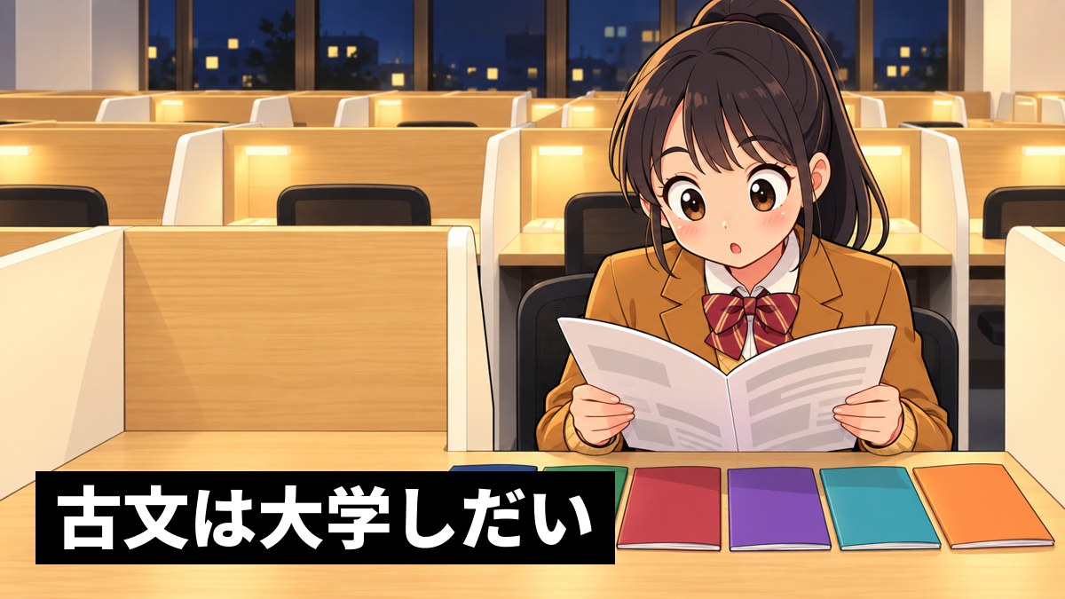 東進館山校の受講ブースで、志学館高校の制服の高2女子が、6冊の大学のパンフレットを机に並べ、1冊を開いて意外な発見に目を丸くしている挿絵。「古文は大学しだい」の文字。