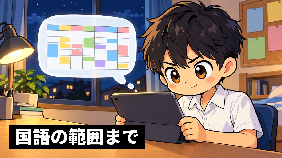 日曜の夜、自分の部屋の机で、木更津高校の制服の高2男子が、iPadの合格設計図に講座を登録し終えて満足そうにうなずいている挿絵。画面は本人の方を向いている。「国語の範囲まで」の文字。