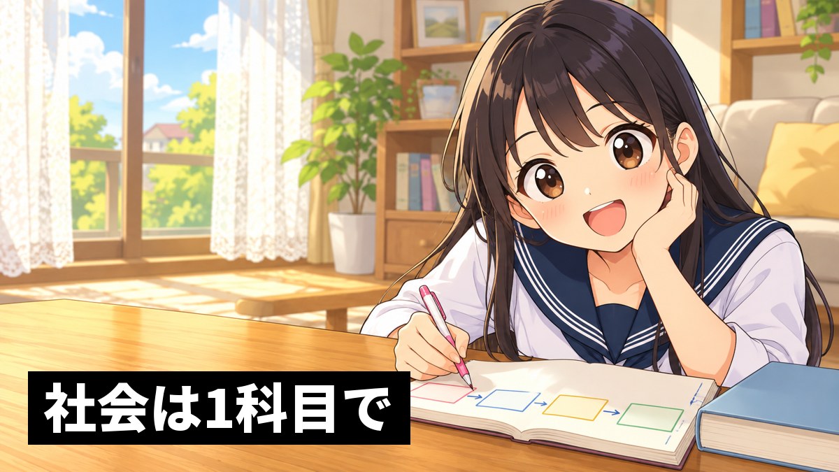 家のリビングのテーブルで、木更津高校のセーラー服の高2女子が、日本史の年表ノートを広げ、流れがつながって晴れやかに笑っている挿絵。「社会は1科目で」の文字。