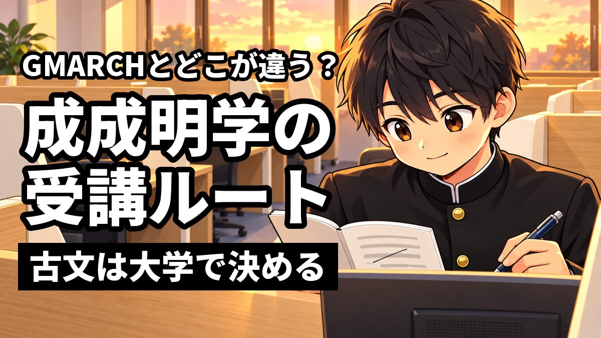 東進館山校の受講ブースで、安房高校の詰襟の制服の男子高生が、講座の順番を書いたノートを見て、やることが絞れてほっとした顔をしている。「GMARCHとどこが違う?」「成成明学の受講ルート」「古文は大学で決める」の文字。