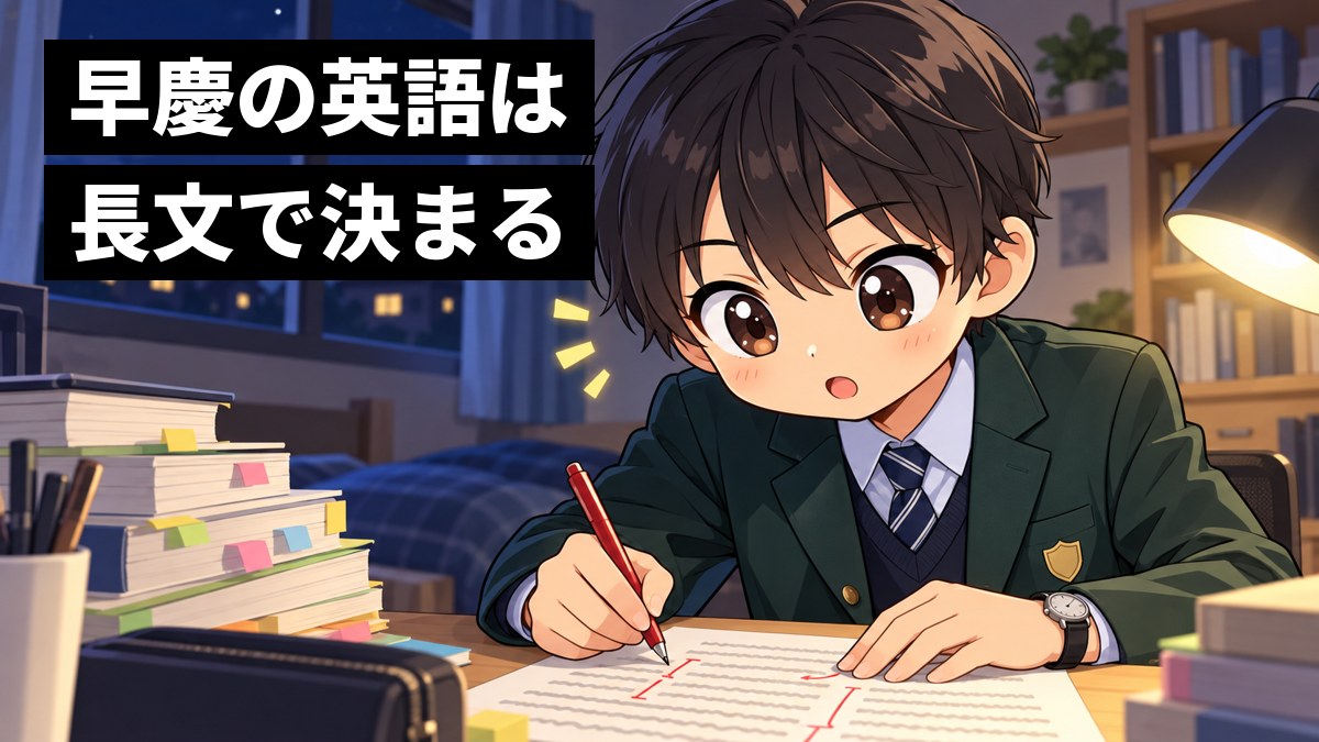 夜、自分の部屋の机で、志学館高校の制服の高2男子が、長い英文のプリントにかっこと矢印を書き込みながら、構造が見えてきてひらめいた顔をしている挿絵。文字「早慶の英語は長文で決まる」