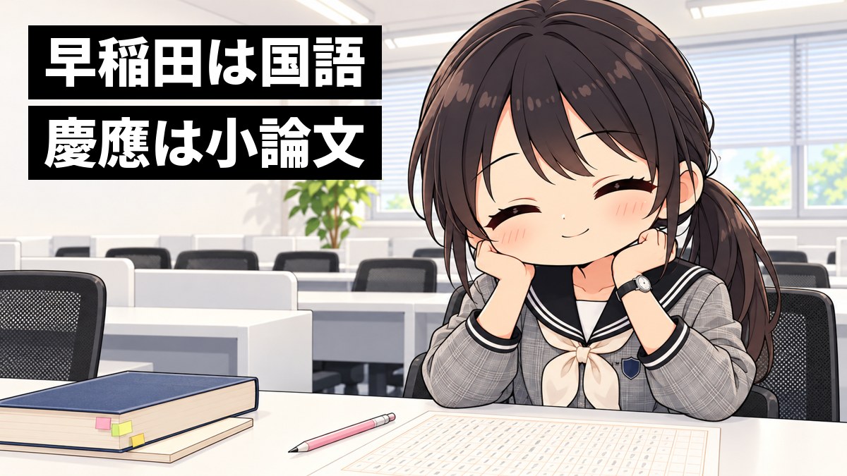 東進館山校の白い長机で、翔凜高校の制服の高3女子が、原稿用紙に小論文を書き上げ、鉛筆を置いてほっとした顔をしている挿絵。机の端には古文の単語帳。文字「早稲田は国語、慶應は小論文」