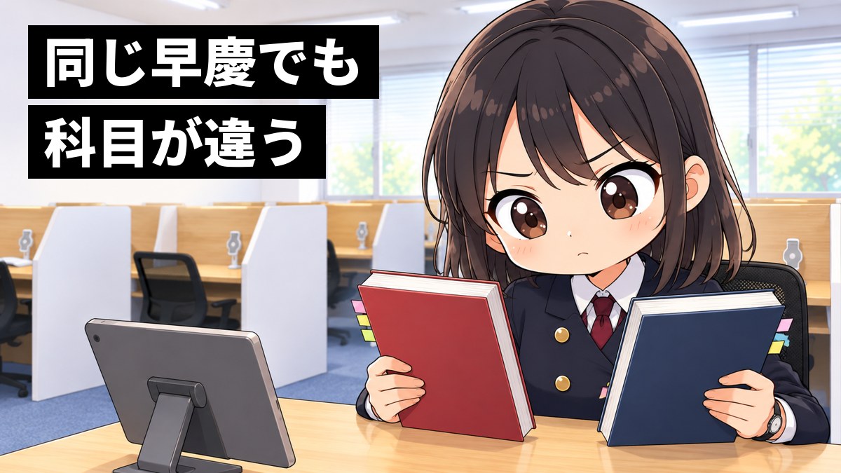 東進館山校の受講ブースで、安房高校の制服の高2女子が、色違いの2冊の過去問集を左右に並べて見比べ、眉を寄せて考え込んでいる挿絵。文字「同じ早慶でも科目が違う」