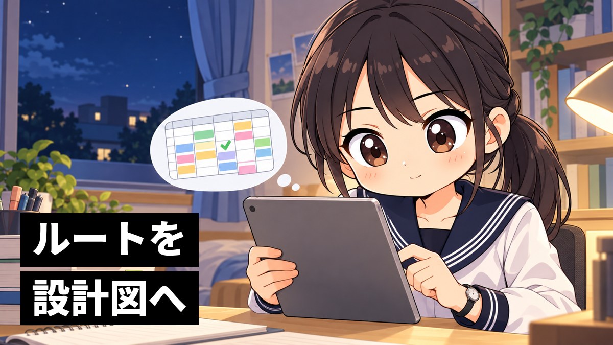 日曜の夜、自分の部屋の机で、木更津高校の制服の高2女子が、iPadの合格設計図に講座を登録し、来週の予定が埋まっていくのを見て満足げにほほえんでいる挿絵。画面は本人の方を向いている。文字「ルートを設計図へ」