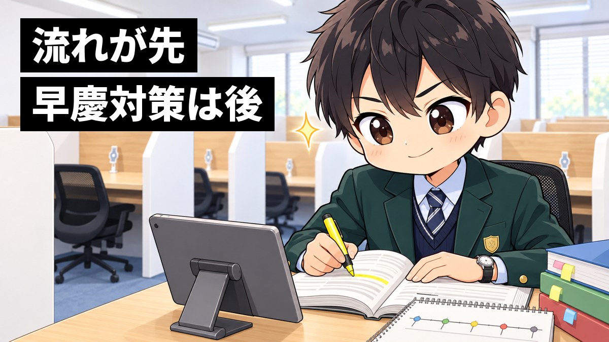 東進館山校の受講ブースで、志学館高校の制服の高3男子が、日本史の年表ノートと教科書を広げ、教科書の一文に線を引いて得意げな顔をしている挿絵。文字「流れが先、早慶対策は後」