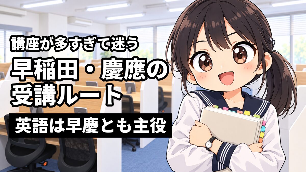 東進館山校の受講ブースで、木更津高校のセーラー服の女子が、付箋のたくさん付いた分厚い参考書を胸に抱え、これからの道筋が見えてワクワクした顔をしている。「講座が多すぎて迷う」「早稲田・慶應の受講ルート」「英語は早慶とも主役」の文字。