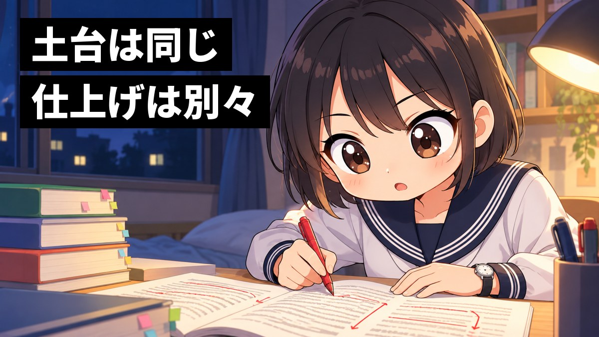 夜、自分の部屋の机で、木更津高校の制服の高2女子が、長い英文のプリントにかっこと矢印を書き込みながら、文の骨組みが見えてきて目を輝かせている挿絵。文字「土台は同じ、仕上げは別々」