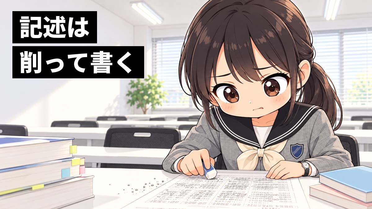東進館山校の白い長机で、翔凜高校の制服の高3女子が、現代文の記述の答案が字数に収まらず、消しゴムを手に唇をかんで困っている挿絵。机の端に古文と漢文の単語帳。文字「記述は削って書く」