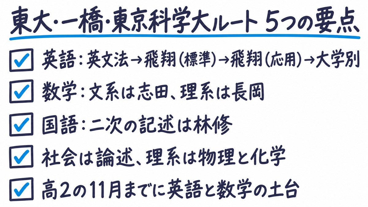 東大・一橋・東京科学大ルートの要点の手描き図解。「英語:英文法→飛翔(標準)→飛翔(応用)→大学別」「数学:文系は志田、理系は長岡」「国語:二次の記述は林修」「社会は論述、理系は物理と化学」「高2の11月までに英語と数学の土台」の5項目。見出しは「東大・一橋・東京科学大ルート 5つの要点」。