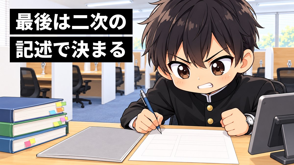 東進館山校の受講ブースで、安房高校の制服の高2男子が、共通テストの問題冊子と真っ白な記述の答案用紙を左右に並べ、答案用紙をにらんで歯を食いしばっている挿絵。文字「最後は二次の記述で決まる」