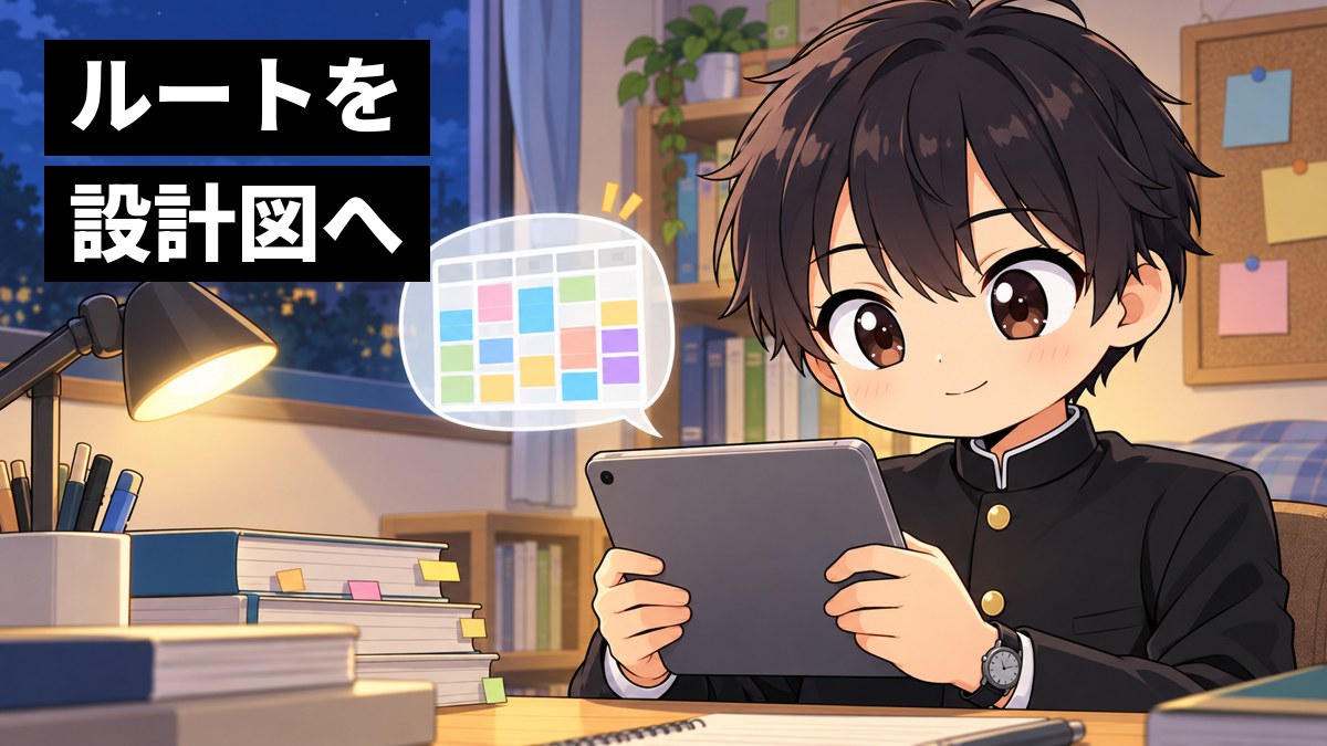 日曜の夜、自分の部屋の机で、安房高校の制服の高2男子が、iPadの合格設計図に講座を一つずつ登録し、来週の予定が埋まっていくのを見てほっとした顔をしている挿絵。画面は本人の方を向いている。文字「ルートを設計図へ」