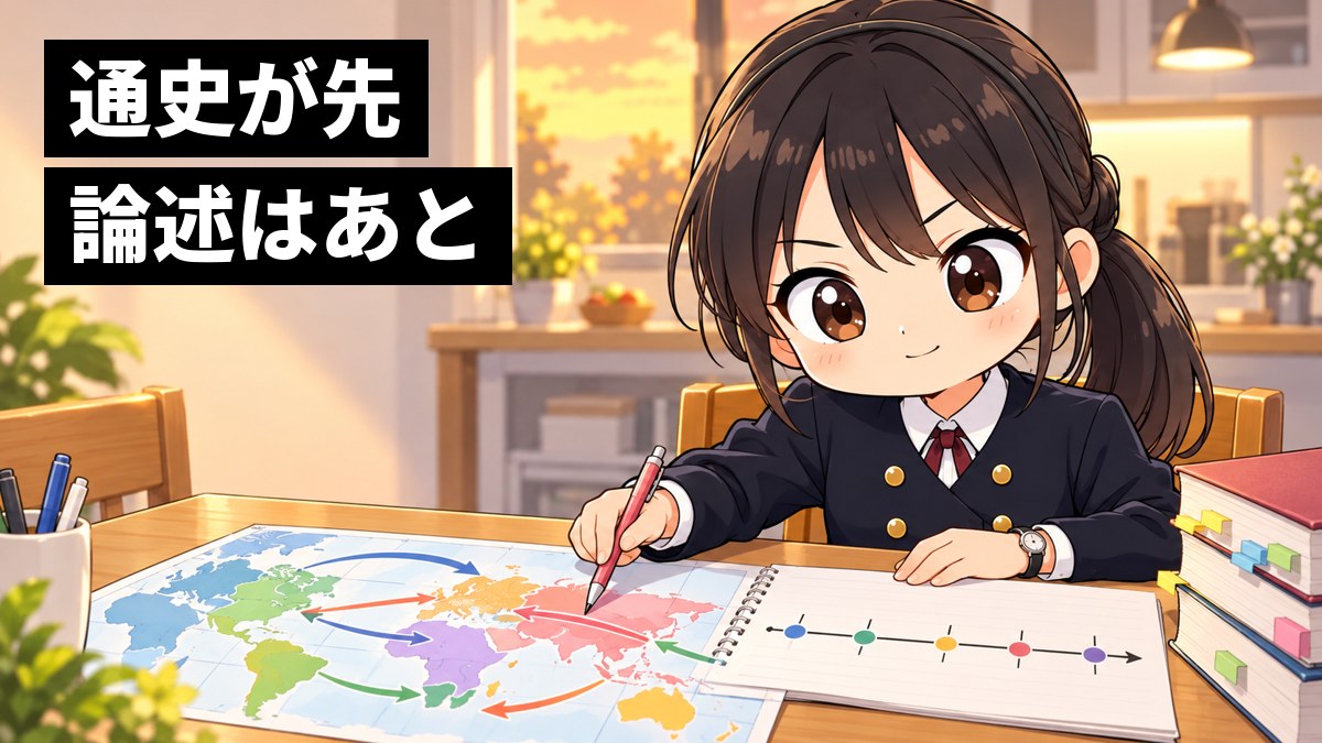 家のダイニングテーブルで、安房高校の制服の高3女子が、世界史の地図と年表を広げて論述の答案の骨組みをメモし、流れがつながって得意げな顔をしている挿絵。文字「通史が先、論述はあと」