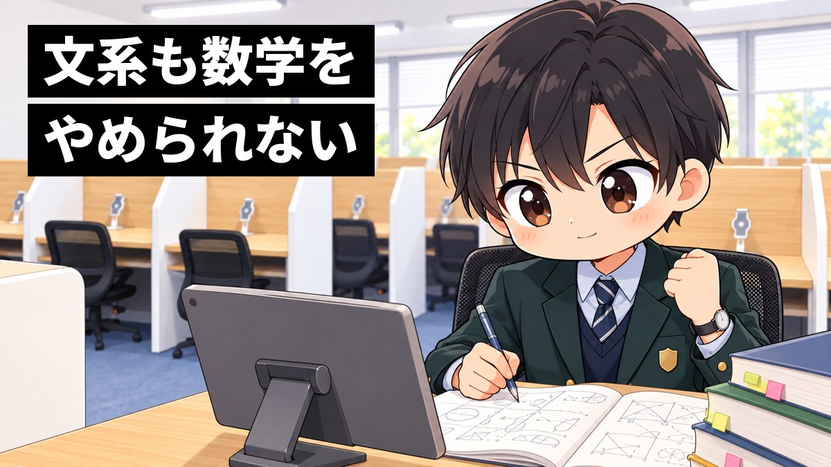 東進館山校の受講ブースで、志学館高校の制服の高2男子が、ノートに図と式を書き連ね、証明の筋道が通ってペンを止め、小さくガッツポーズをしている挿絵。文字「文系も数学をやめられない」